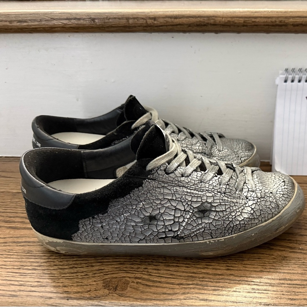 Golden Goose Silver and Black Textured Sneakers
